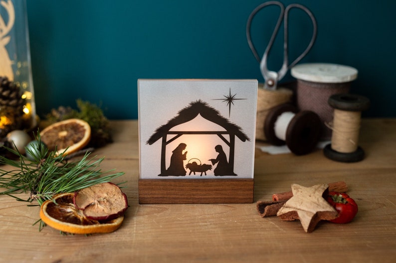 Nativity Wood Mini / Christmas Nativity Wood Walnut Modern with tealight and Bethlehem on acrylic glass / Nativity Christmas / Family image 3