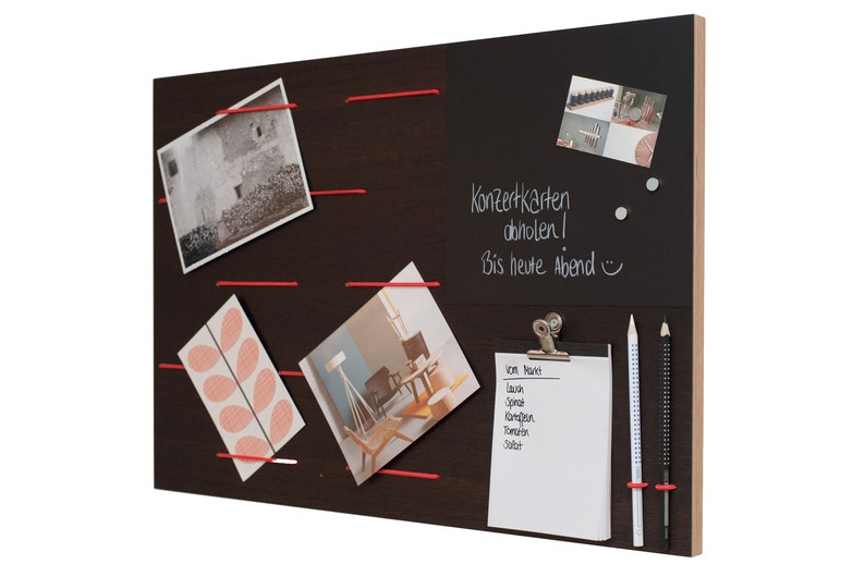 Memoboard Holz Räuchereiche, Notiztafel Pinnwand mit magnetischer Tafelfolie, Notizblock und elastische Seile, Büro, Küche oder Geschenk Bild 2