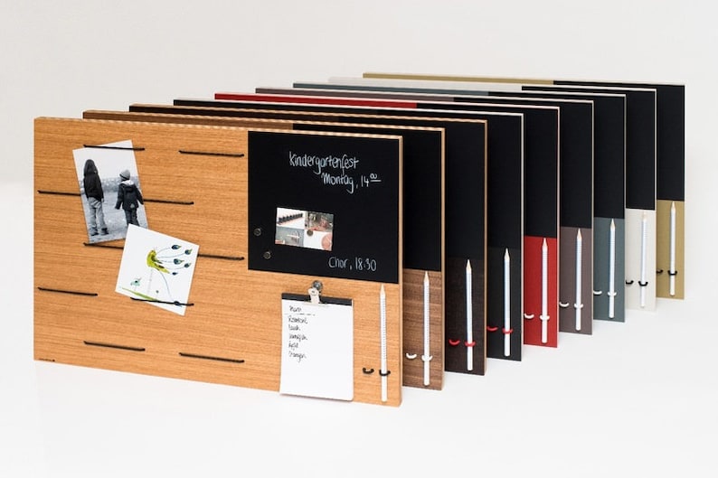 Memobord, prikbord, hout, eiken, prikbord met magnetische schoolbordfolie, schilderijrail, elastische koorden voor kantoor, keuken, organizer, vilt, modern afbeelding 7