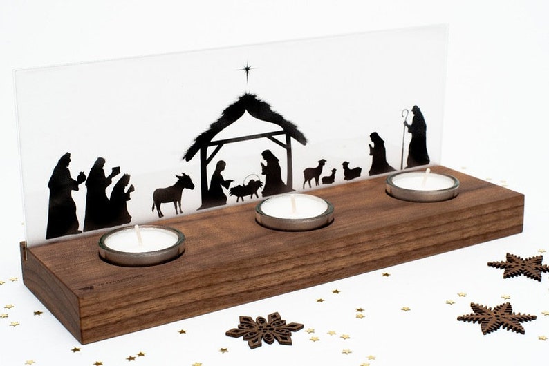 Krippe Holz Weihnachtskrippe modern Nussbaum mit 3 Teelichter Geschenk Weihnachten Advent Familie Kinder Holzkrippe Weihnachtsdekoration Bild 4