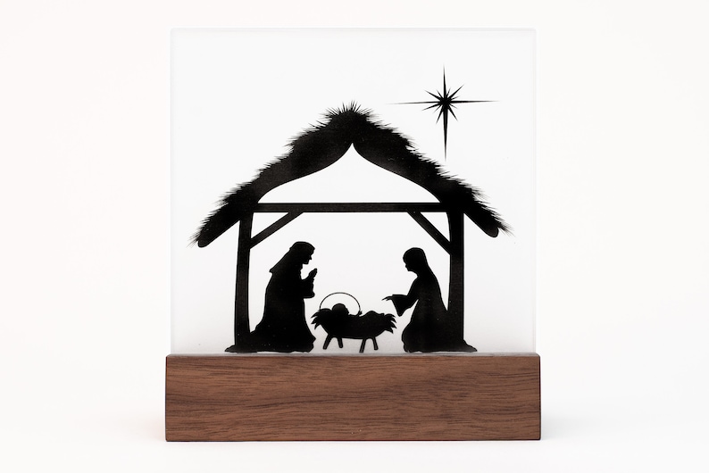 Nativity Wood Mini / Christmas Nativity Wood Walnut Modern with tealight and Bethlehem on acrylic glass / Nativity Christmas / Family image 5