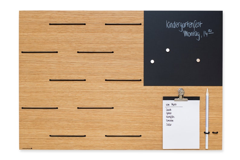 Memoboard Pinnwand Holz Eiche Notiztafel mit magnetischer Tafelfolie Bilderleiste elastische Schnüre für Büro, Küche Organizier Filz modern Bild 9