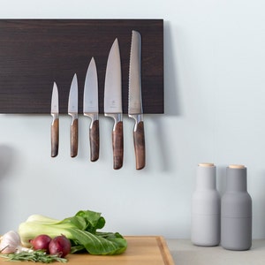 Magnetic smoked oak knife rack, dark wood wall knife holder, strong magnets, men&#39;s gift, alternative knife block, Japanese knife