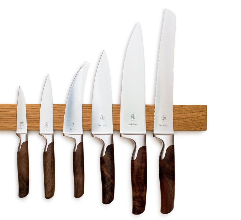 Knife strip configurator for up to 15 knives lengths 21 to 76 cm different types of wood and strong double magnets, knife block without drilling Eiche