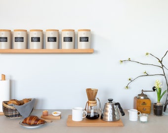 Storage can shelf beech with 6 ceramic pots for the kitchen, storage, storage Wall shelf, wall board as a gift for moving in