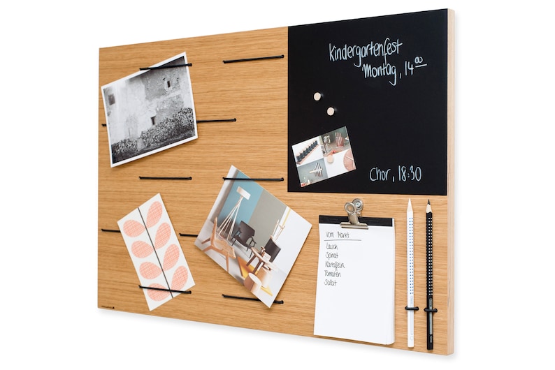 Memoboard Pinnwand Holz Eiche Notiztafel mit magnetischer Tafelfolie Bilderleiste elastische Schnüre für Büro, Küche Organizier Filz modern Bild 3