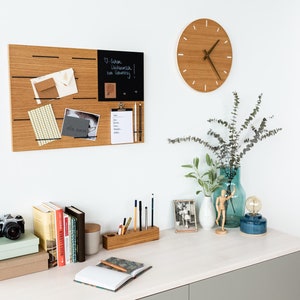 Memobord, prikbord, hout, eiken, prikbord met magnetische schoolbordfolie, schilderijrail, elastische koorden voor kantoor, keuken, organizer, vilt, modern afbeelding 5