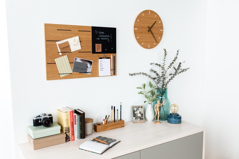 Memobord, prikbord, hout, eiken, prikbord met magnetische schoolbordfolie, schilderijrail, elastische koorden voor kantoor, keuken, organizer, vilt, modern afbeelding 5