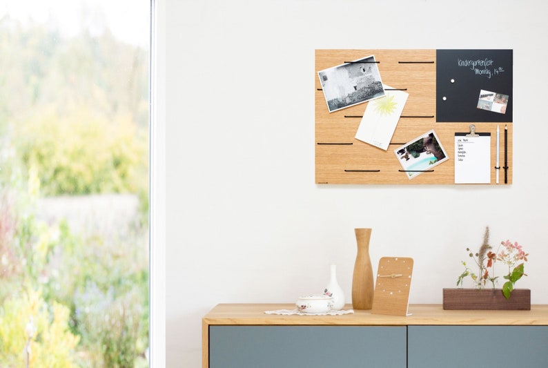 Memoboard Holz Räuchereiche, Notiztafel Pinnwand mit magnetischer Tafelfolie, Notizblock und elastische Seile, Büro, Küche oder Geschenk Bild 7