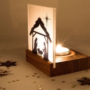 Nativity Wood Mini / Christmas Nativity Wood Walnut Modern with tealight and Bethlehem on acrylic glass / Nativity Christmas / Family image 6