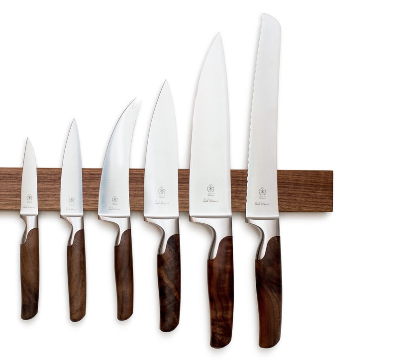 Knife strip configurator for up to 15 knives lengths 21 to 76 cm different types of wood and strong double magnets, knife block without drilling Nussbaum