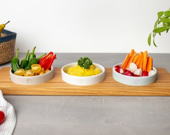 Bandeja de roble para tres tazones para servir Dip bowls para la mesa servida Mesa Snacks Verduras Frutas Guarniciones Buffets de servicio práctico y sencillo