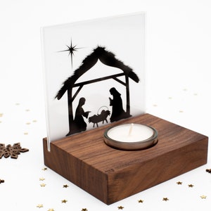 Nativity Wood Mini / Christmas Nativity Wood Walnut Modern with tealight and Bethlehem on acrylic glass / Nativity Christmas / Family image 7