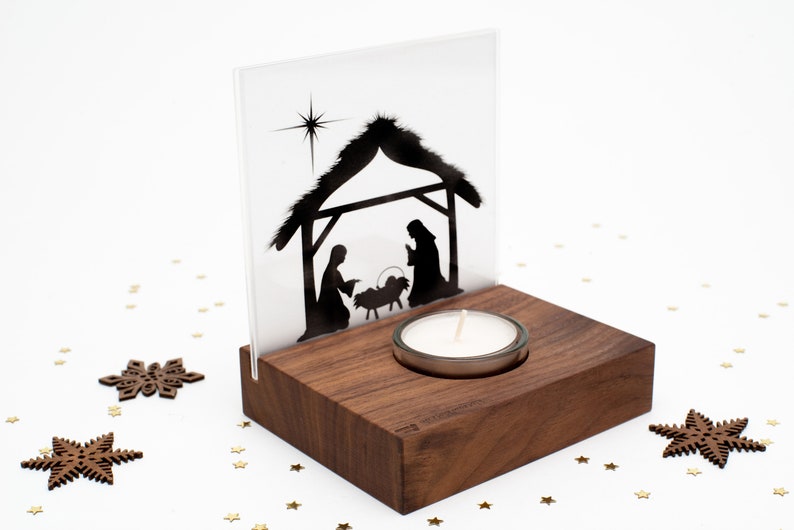 Nativity Wood Mini / Christmas Nativity Wood Walnut Modern with tealight and Bethlehem on acrylic glass / Nativity Christmas / Family image 7