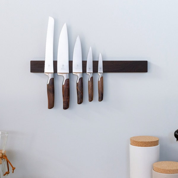 Messerleiste Holz Magnet Räuchereiche für 4,6,9 Messer (Längen 21 bis 46 cm), Blickfang in der Küche , magnetisch, selbstklebend ohne Bohren
