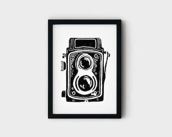 Vintage Camera | 5x7 Linocut Print, Unframed