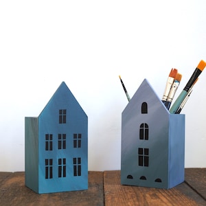 The box ONE or BOTH, blue houses, pencil box , pencil holder, kids room decor, desk organizer,  miniature houses