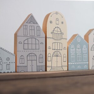 SET of 6 creamy-gray-blue hand painted wooden village, miniature houses, hand painted, wood block toy house, little wooden houses image 6