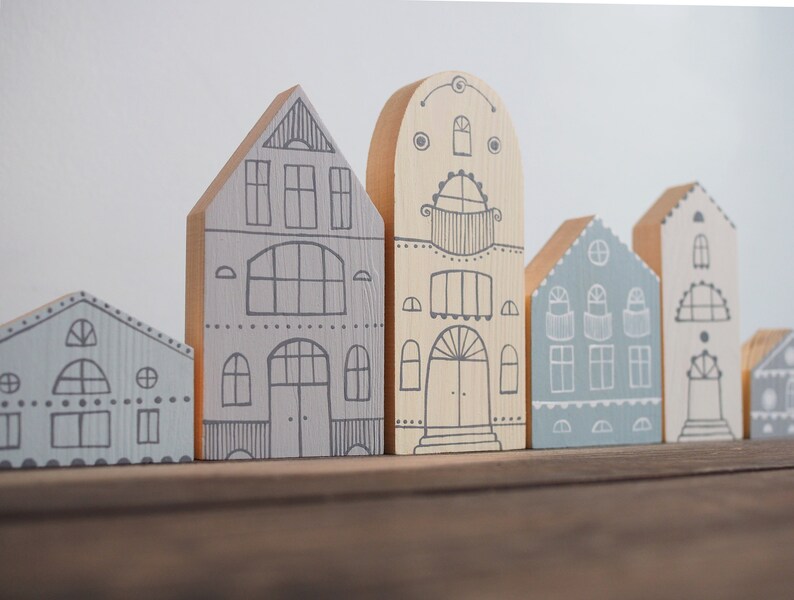 SET of 6 creamy-gray-blue hand painted wooden village, miniature houses, hand painted, wood block toy house, little wooden houses image 6