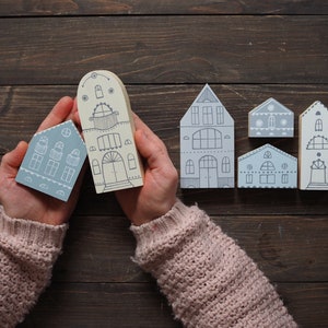 SET of 6 creamy-gray-blue hand painted wooden village, miniature houses, hand painted, wood block toy house, little wooden houses image 1