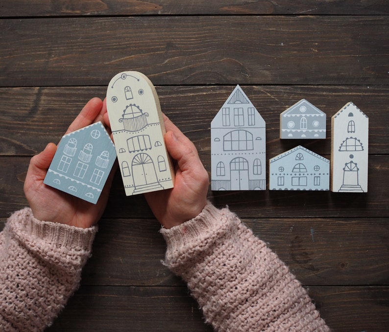 SET of 6 creamy-gray-blue hand painted wooden village, miniature houses, hand painted, wood block toy house, little wooden houses image 1