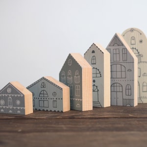 SET of 6 creamy-gray-blue hand painted wooden village, miniature houses, hand painted, wood block toy house, little wooden houses image 9