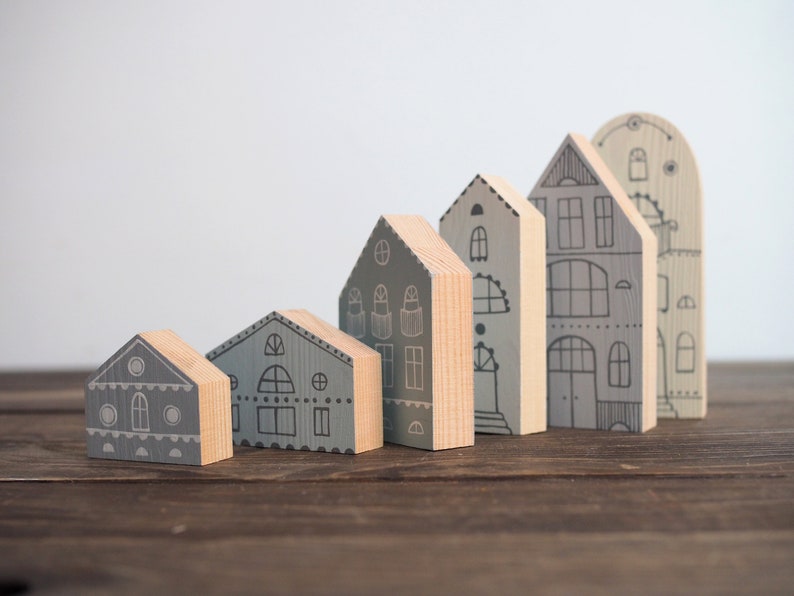 SET of 6 creamy-gray-blue hand painted wooden village, miniature houses, hand painted, wood block toy house, little wooden houses image 9