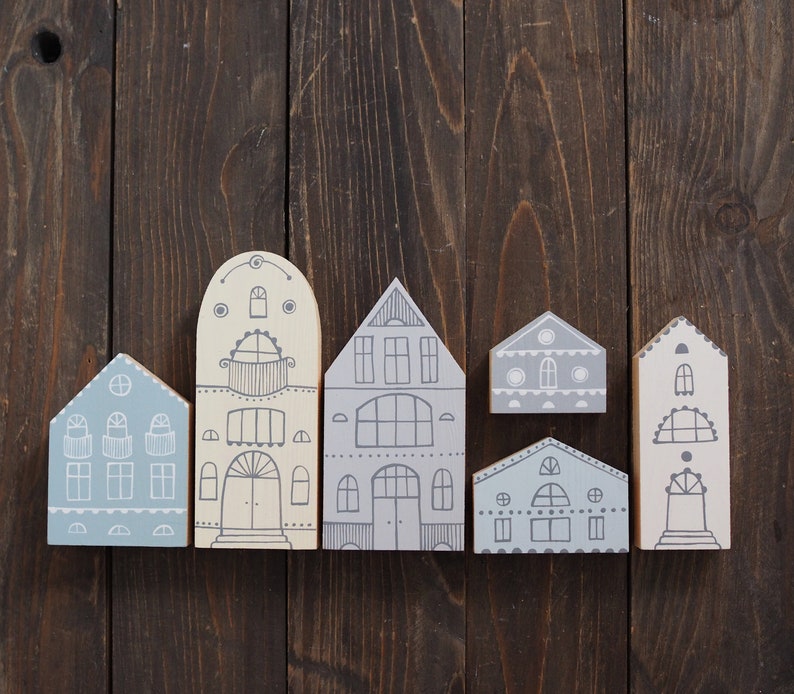 SET of 6 creamy-gray-blue hand painted wooden village, miniature houses, hand painted, wood block toy house, little wooden houses image 3