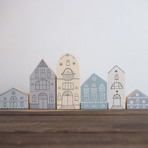 SET of 6 creamy-gray-blue hand painted wooden village, miniature houses, hand painted, wood block toy house, little wooden houses image 5