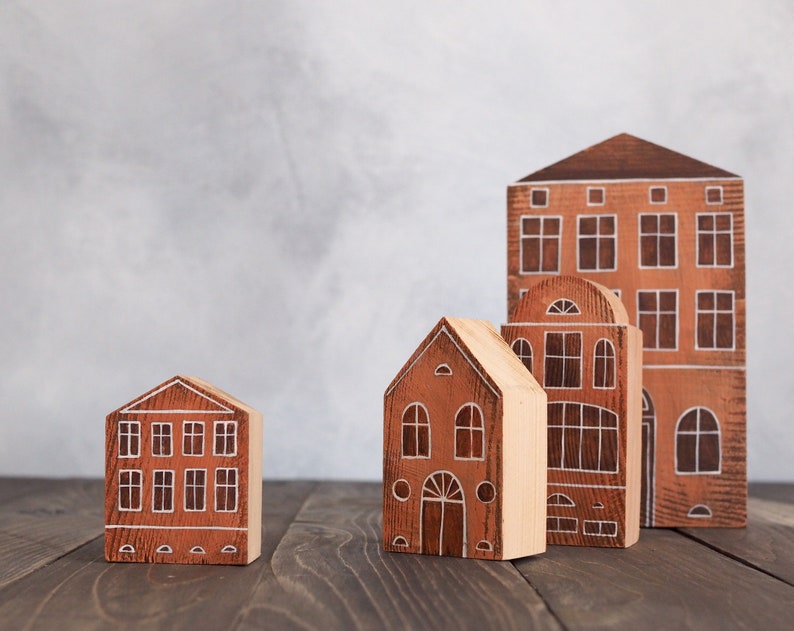 SET of 4 Hand Painted Wooden Village Miniature Houses Hand Etsy