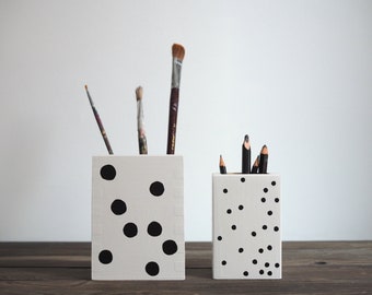 The box LARGE or SMALL,  pencil box with dots, pencil holder, kids room decor, desk organizer, office desk accessories, black&white