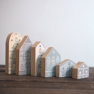 SET of 6 creamy-gray-blue hand painted wooden village, miniature houses, hand painted, wood block toy house, little wooden houses image 8