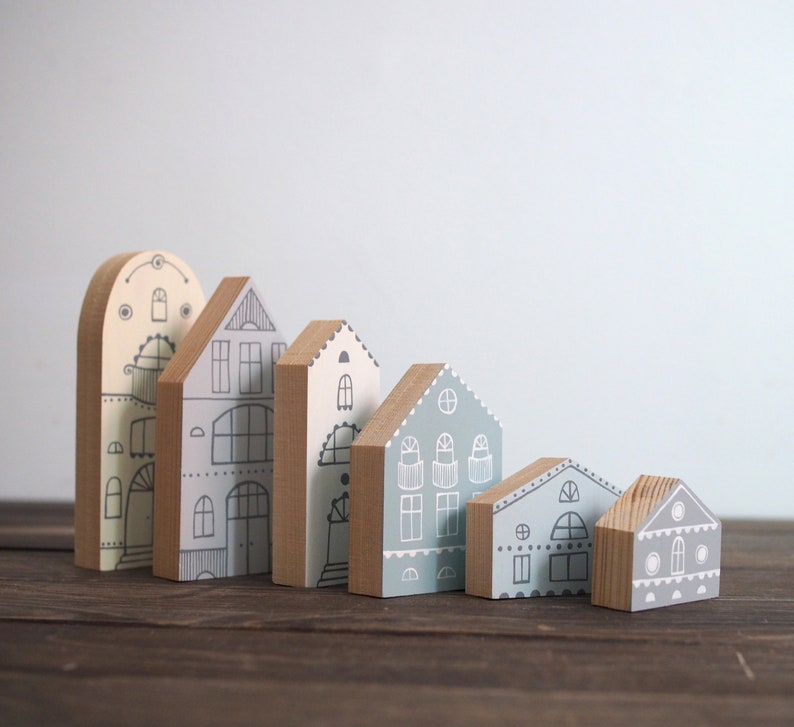 SET of 6 creamy-gray-blue hand painted wooden village, miniature houses, hand painted, wood block toy house, little wooden houses image 8