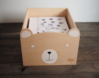 LARGE wooden box - fits A4 size copy paper, box for toys, box for books, for kids room, natural wood bear, teddy bear, office organiser