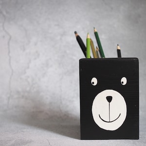 wooden pencil holder, crayon box, pencil box, kids room decor, bear art, hand painted, black white, desk organizer, office desk accessories
