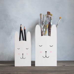 LARGE or SMALL wooden pencil box bunny, crayon box, pencil holder, kids room decor, desk organizer, office desk accessories, white rabbit