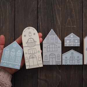 SET of 6 creamy-gray-blue hand painted wooden village, miniature houses, hand painted, wood block toy house, little wooden houses image 2