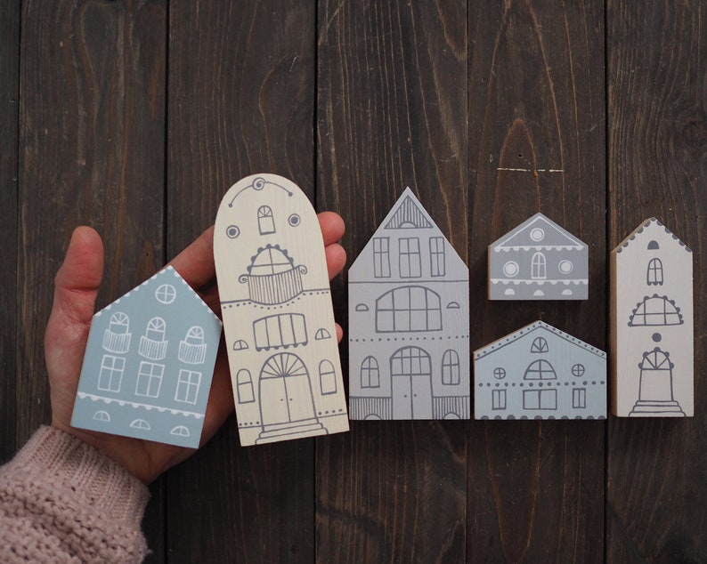 SET of 6 creamy-gray-blue hand painted wooden village, miniature houses, hand painted, wood block toy house, little wooden houses image 2