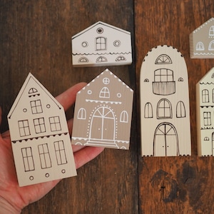6er SET - creme & beige handbemaltes Holzdorf, Miniaturdorf, Holzblockhaus, Holzhaus, Dekohaus