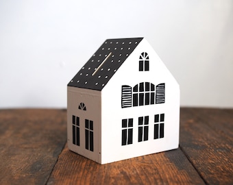 Wooden moneybox - miniature house - black and white house - wooden decorative house