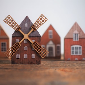 SET of 5 - Hand painted wooden village + windmill, miniature village, hand painted house, wood block toy house, little wooden houses