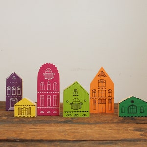 SET of 6 - RAINBOW - hand painted wooden village, miniature village, hand painted house, wood block toy house, little wooden houses