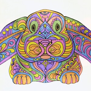 May include: A colorful, detailed illustration of a rabbit with intricate patterns and swirls in shades of pink, blue, green, yellow, and orange.