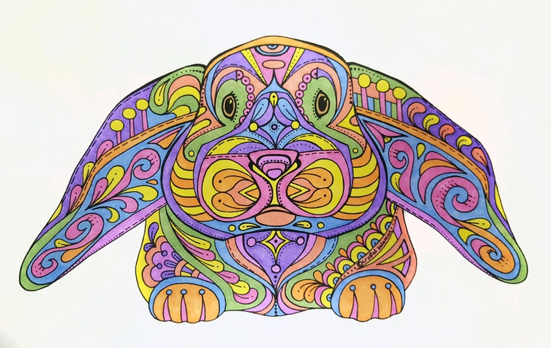 May include: A colorful, detailed illustration of a rabbit with intricate patterns and swirls in shades of pink, blue, green, yellow, and orange.