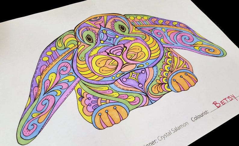 May include: A colorful, detailed illustration of a rabbit with intricate patterns and swirls in shades of pink, blue, yellow, green, and purple. The rabbit's eyes are black and the background is white. The text "BETSY" is written in red at the bottom right corner of the image.