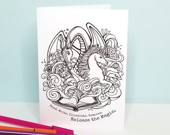 Unicorn Dragon Book Lover Blank Card Read Write Illustrate Compose Release the Magic Gift Blank Coloring Card to Color