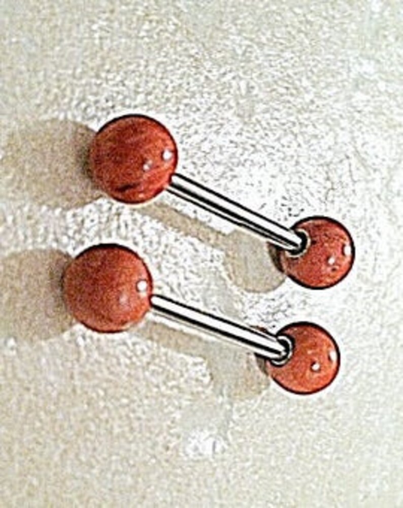 Natural RED JASPER Industrial Scaffold Nipple Tongue Barbell 14g Gemstone 6mm Ball Ends 316L Surgical Steel Gold Rose Gold Plated