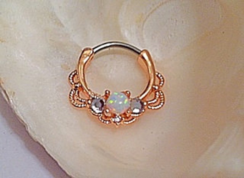 White Opal Clear Crystal Septum Clicker Gold Plated 16g Roped Filigree 316L Surgical Steel DAITH