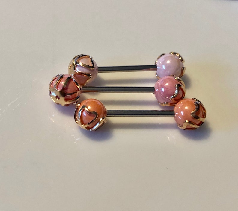 3 COLORS 14g 1 ea Pink Lt Pink Coral 6mm PEARLs caged in GoldP Nipple Barbell Eye Ear Industrial Scaffold 316L Steel Gold RoseG