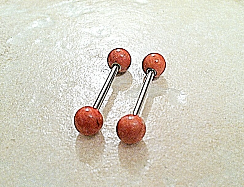 Natural RED JASPER Industrial Scaffold Nipple Tongue Barbell 14g Gemstone 6mm Ball Ends 316L Surgical Steel Gold Rose Gold Plated